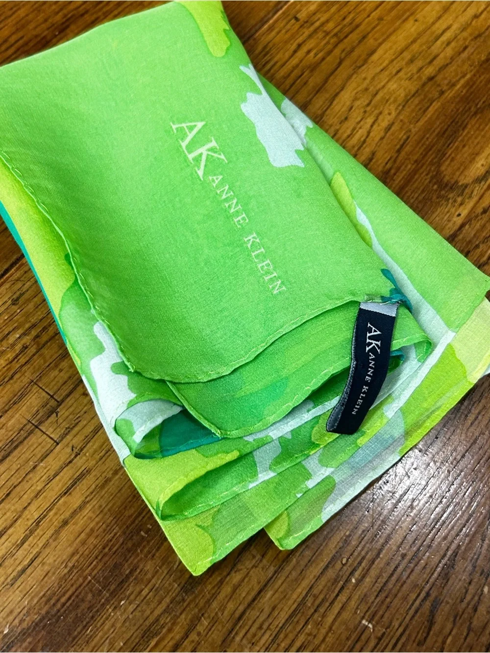 Anne Klein Green Multi-Tone Patterned Scarf Silk Sheer Skinny Scarf